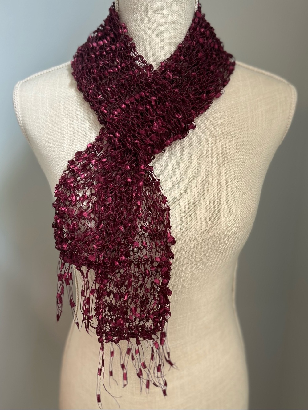Women’s Knit Ladder Ribbon Scarf in Deep Burgundy
